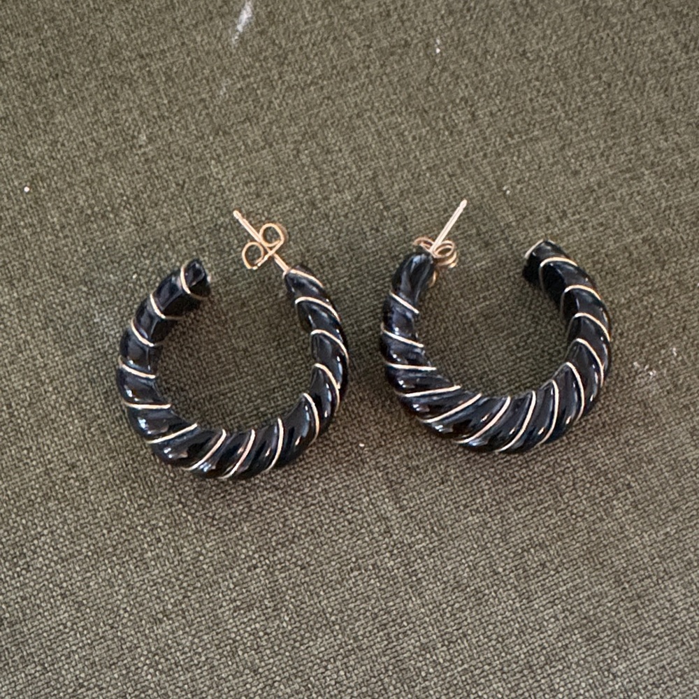 Classic Black Enamel and Gold Hoop Earrings